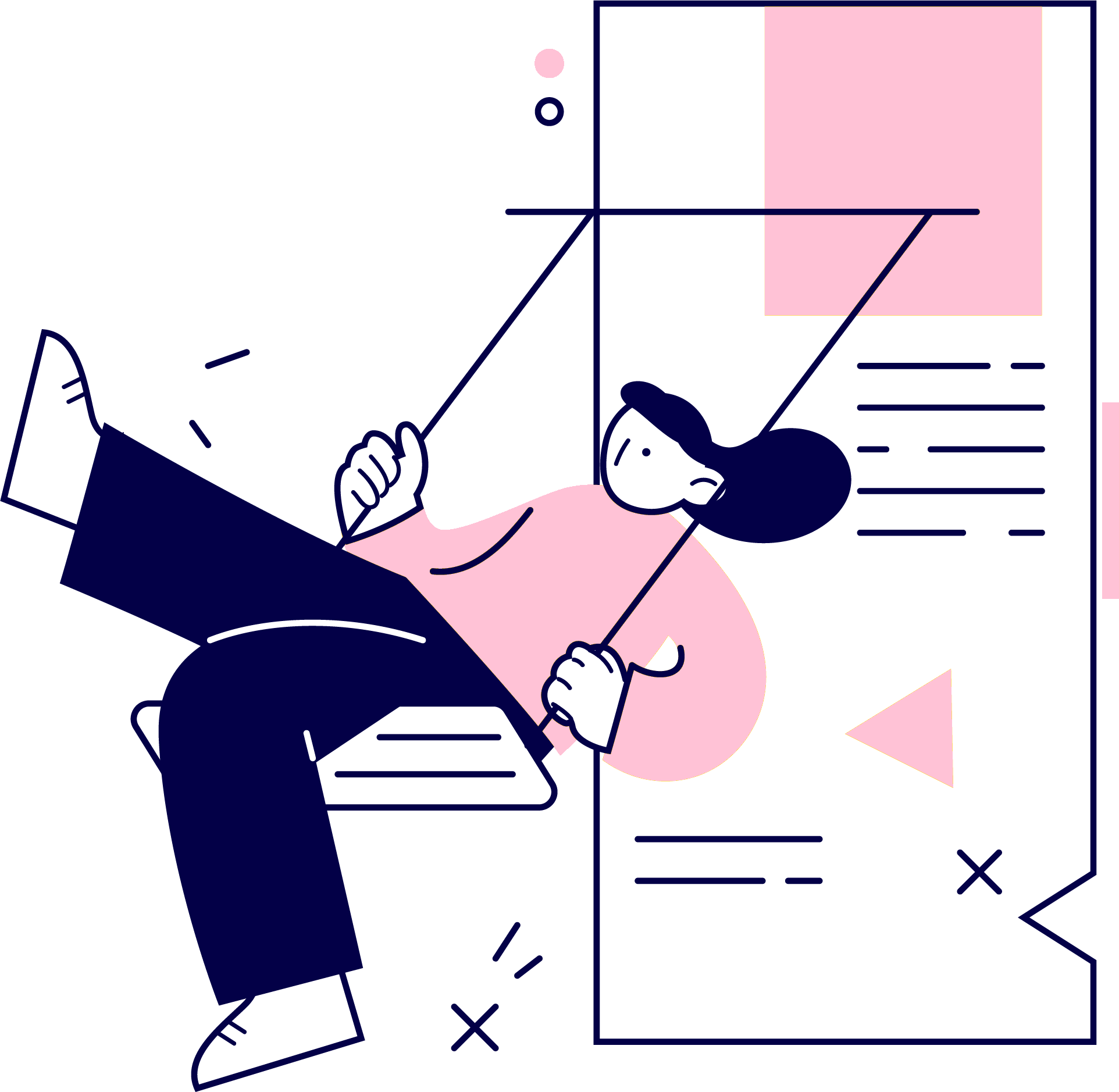 Illustration conceptuelle représentant un personnage faisant de la balançoire devant un document symbolisant un CV